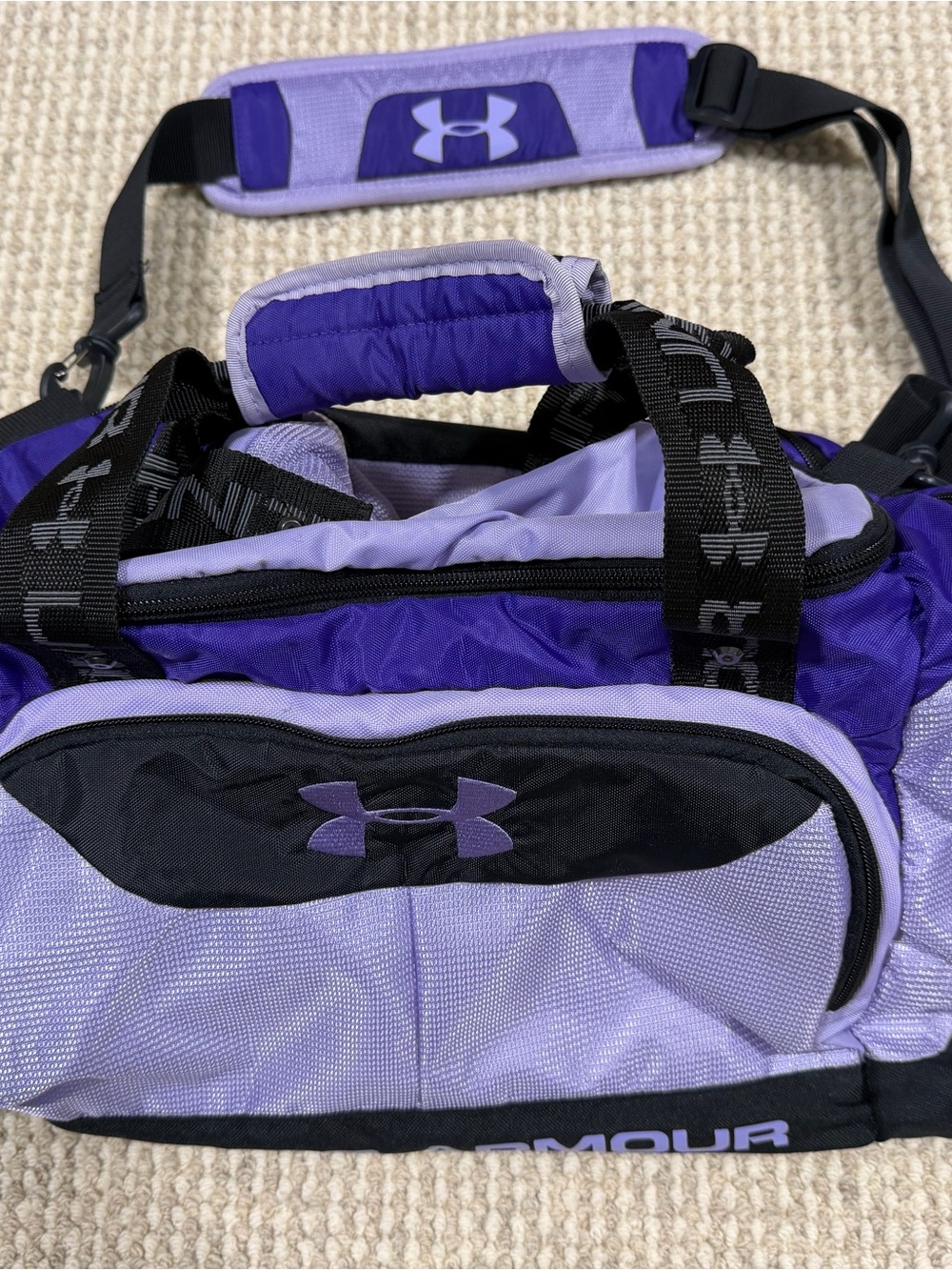 Under Armour Protect This House Duffle Bag Purple Lavender Black Zip Medium